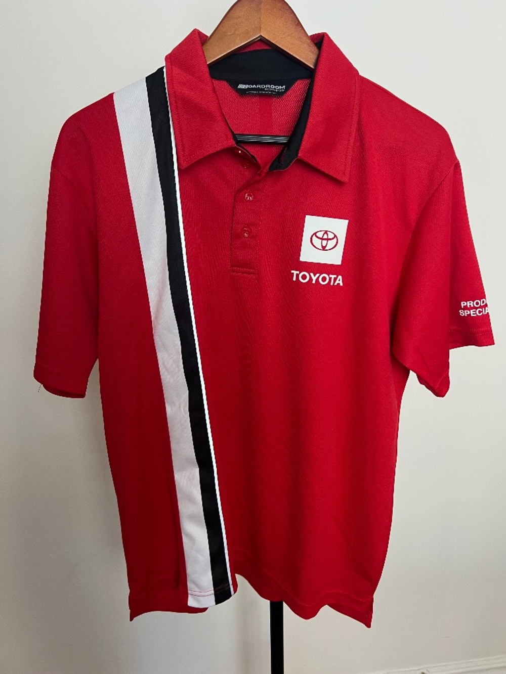 Toyota Red Product Specialist Racing Polo with Black and White Stripe